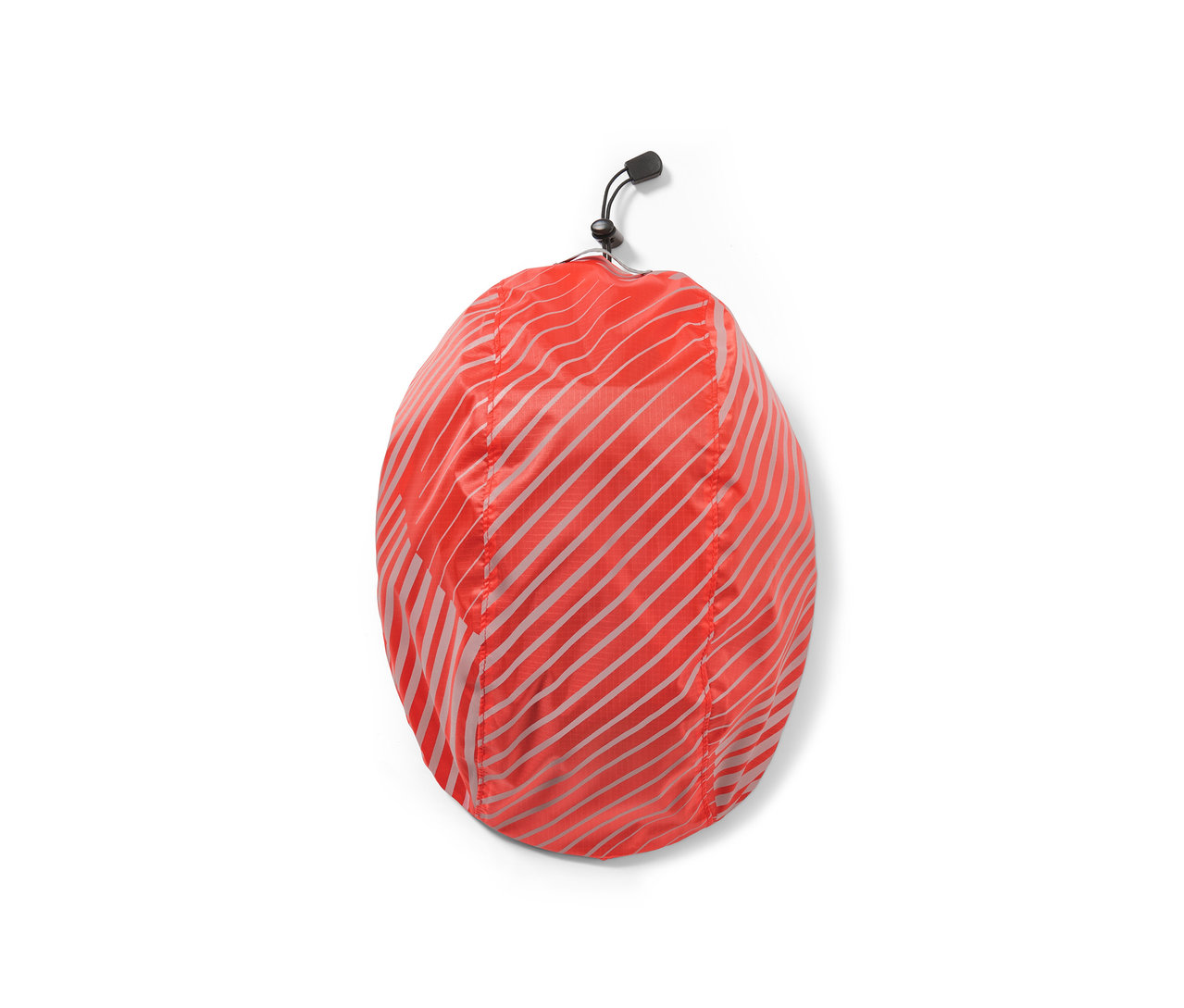 Housse de pluie orange pour casque de vélo avec des bandes réfléchissantes.