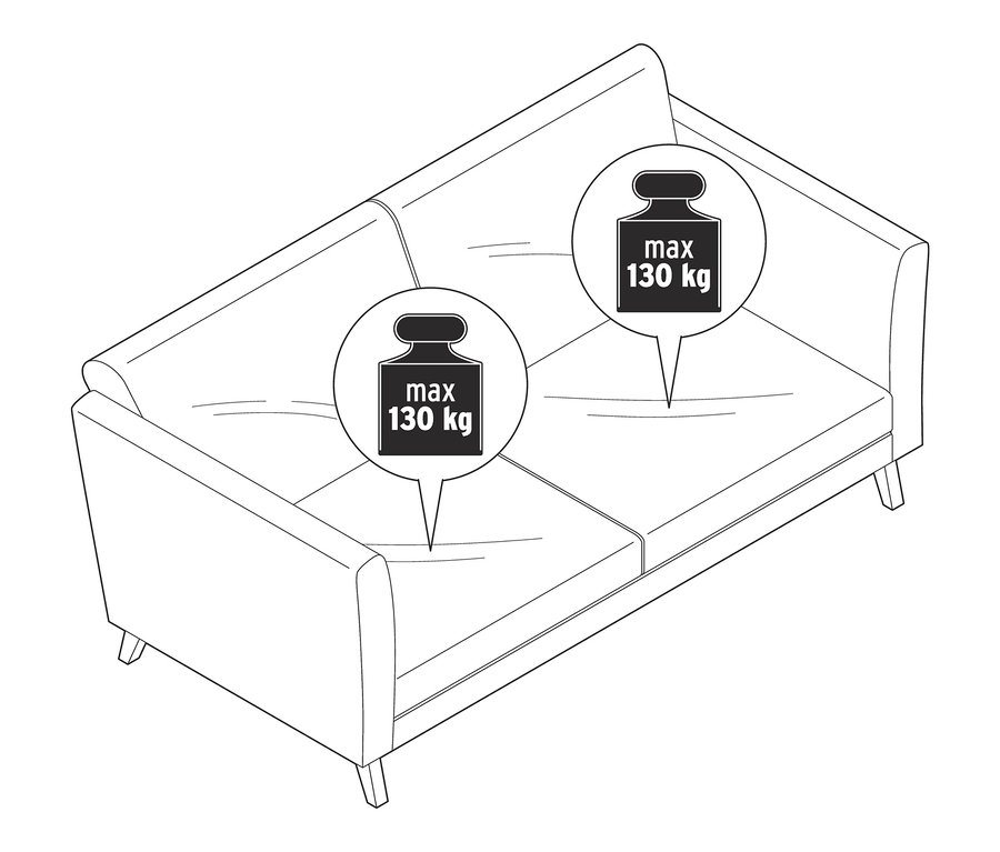 Schéma d'un canapé 3 places anthracite et sable avec une capacité de charge maximale de 130 kg.