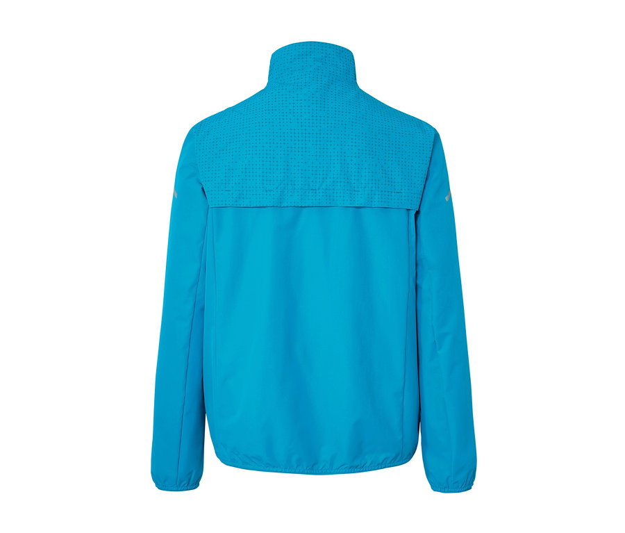 Vue détaillée de l'arrière d'une veste coupe-vent bleu néon.