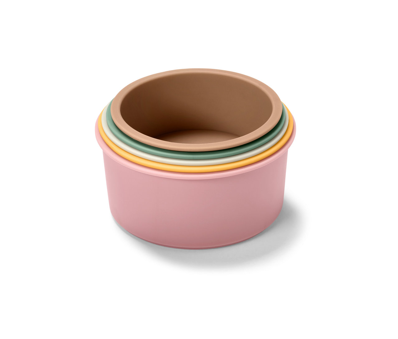 Verres empilables pour jouer dans le bain, de couleurs rose, marron, vert et jaune.