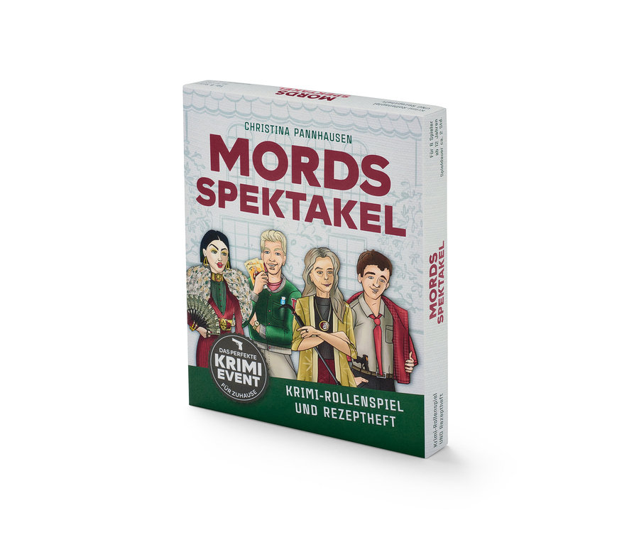 Boîte du jeu d'enquête criminelle « Mordspektakel » (en allemand) avec des illustrations de personnages.