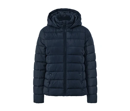 Veste matelassée à capuche bleu foncé.
