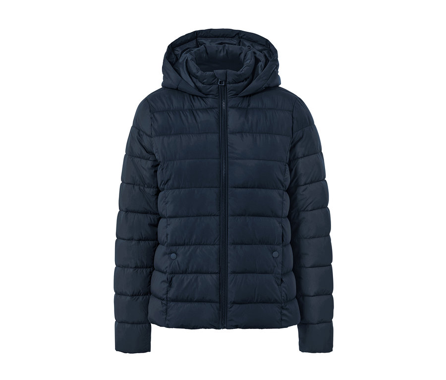 Veste matelassée à capuche bleu foncé.