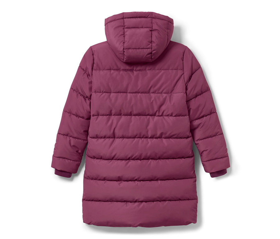 Vue arrière d'un manteau thermique pour enfant, rouge et violet.