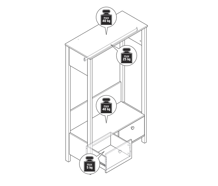 Schéma d'une penderie avec de grands tiroirs et une capacité de charge maximale de 5 à 40 kg.