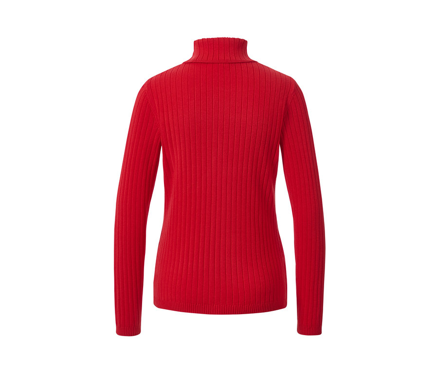 Vue détaillée d'un pull à col roulé côtelé rouge.