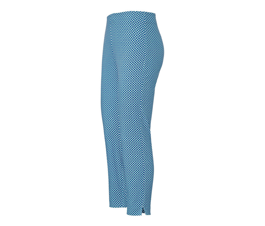 Pantalon stretch 7/8 bleu avec imprimé intégral.