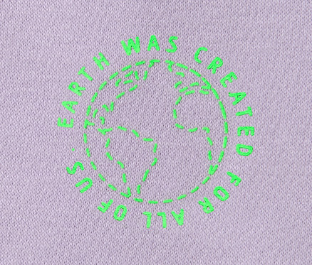 Gros plan sur un sweat à capuche pour enfant violet avec un motif de globe et un lettrage.