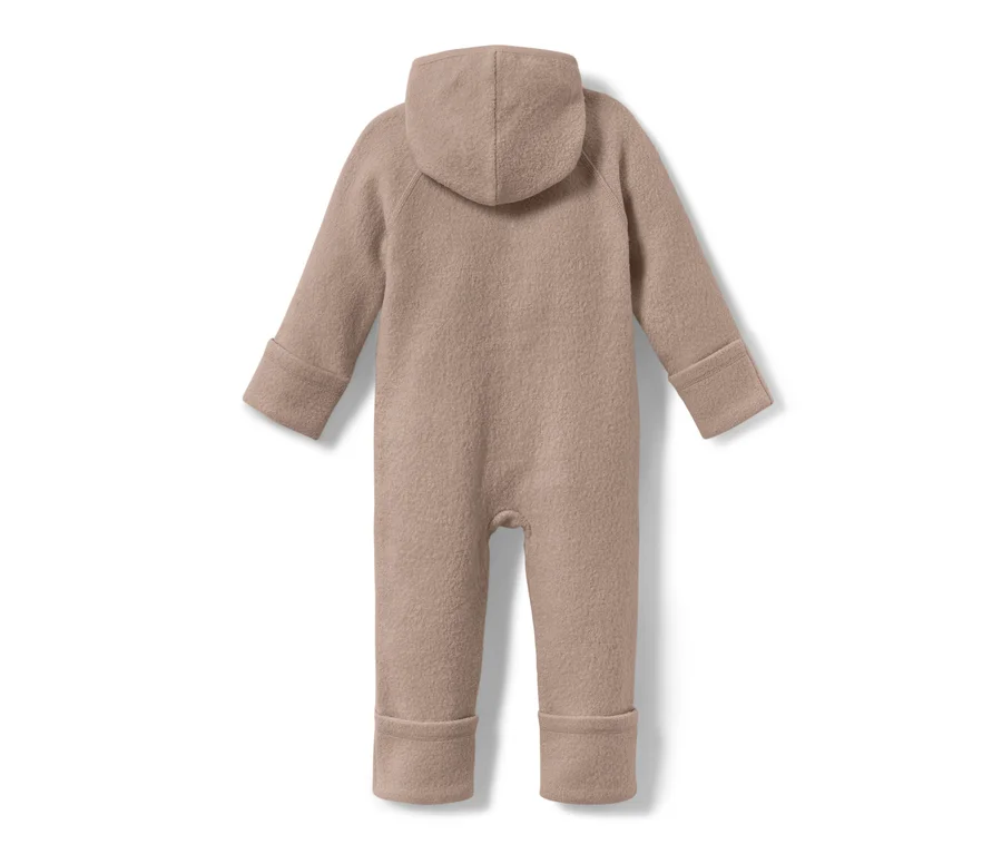 Combinaison marron pour bébé en laine mérinos.