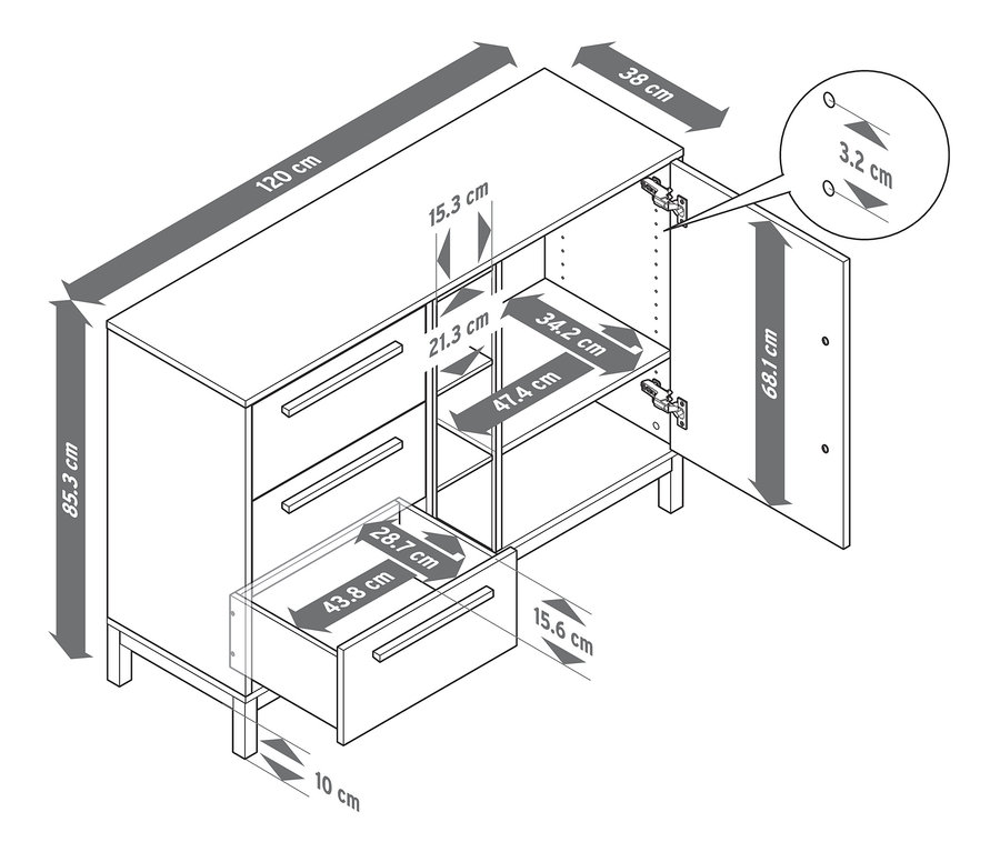 Schéma des dimensions de la commode « Eklund » avec tiroirs et porte.
