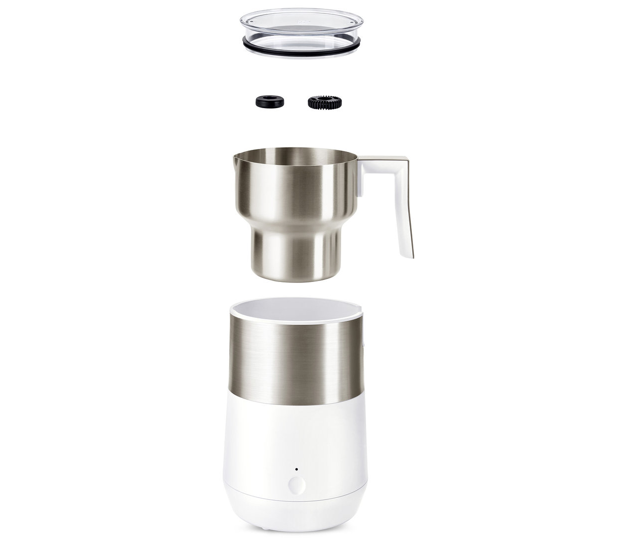 Un mousseur à lait à induction démonté en blanc crème et blanc.