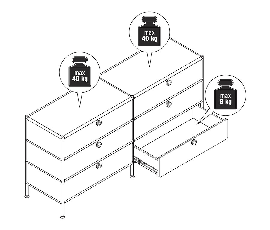 Schéma d'une commode en métal « CN3 » avec 6 tiroirs, un tiroir est ouvert.