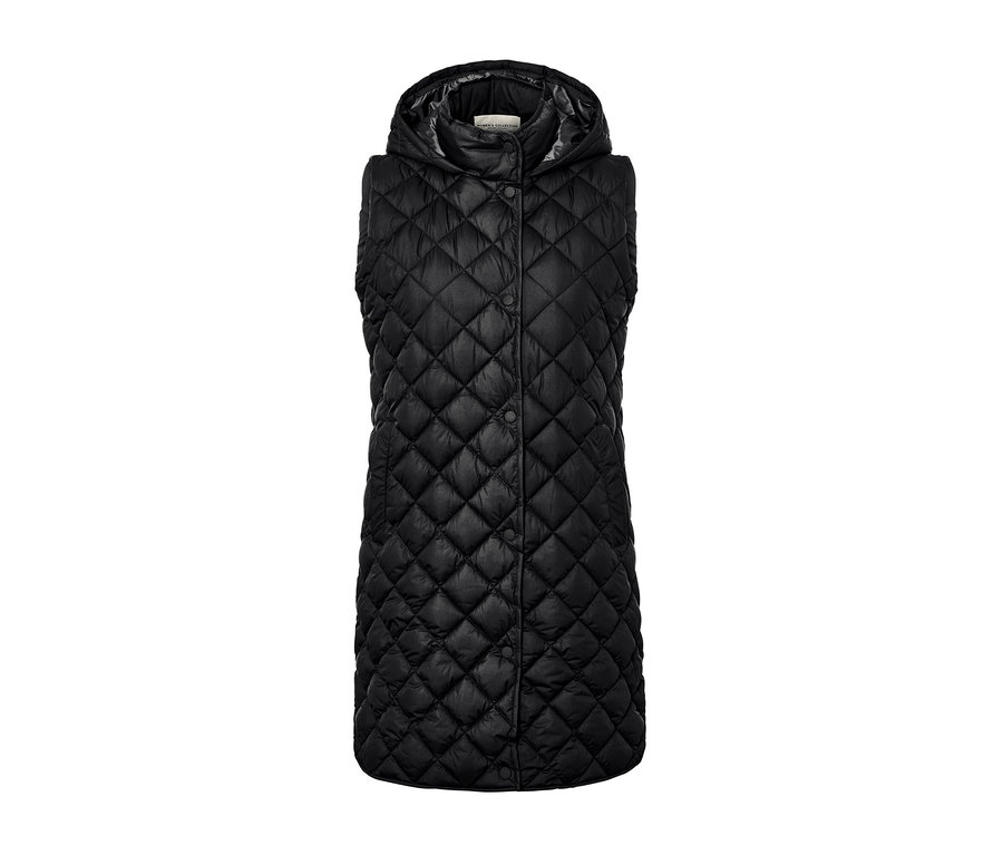 Long gilet sans manches matelassé noir avec capuche.