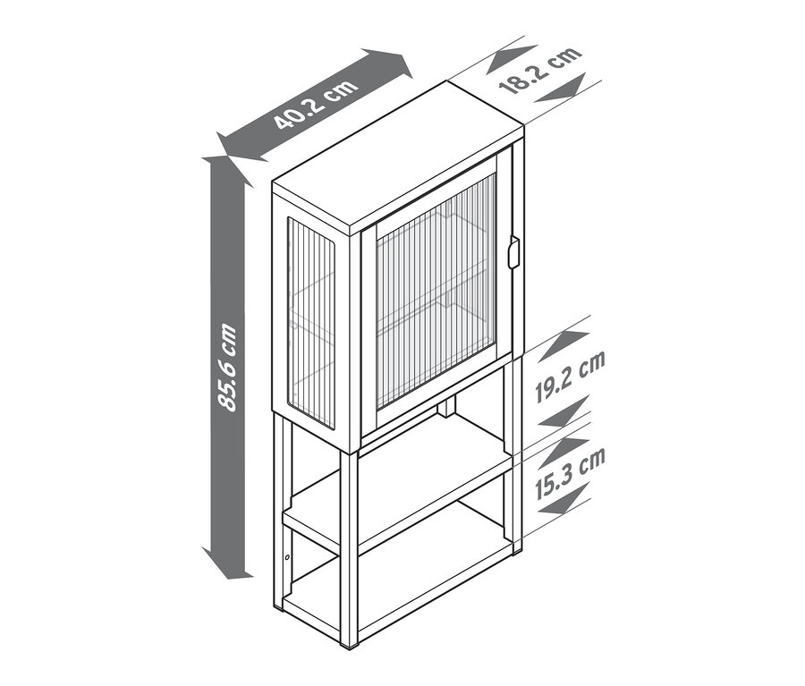 Schéma d'une armoire murale avec porte en verre avec mesures.