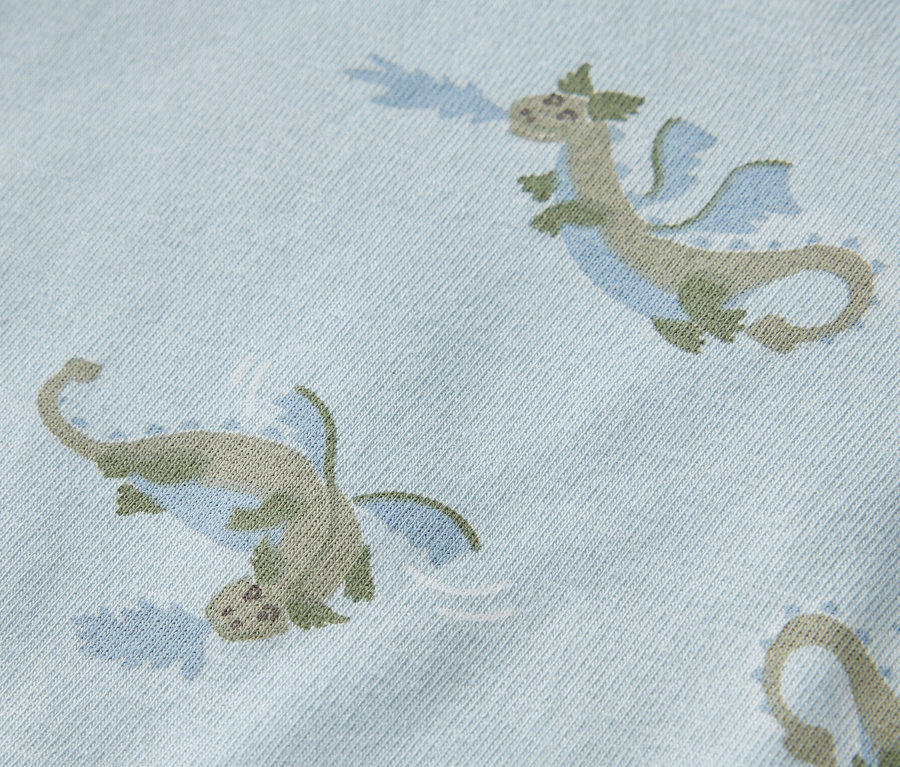 Gros plan sur un body bleu clair avec des dragons verts.