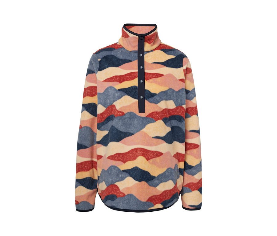 Pull en polaire avec motif de montagnes colorées et patte de boutonnage.