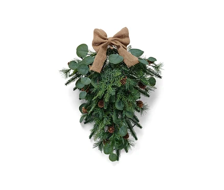Décoration de porte LED verte avec un nœud marron et des pommes de pin.