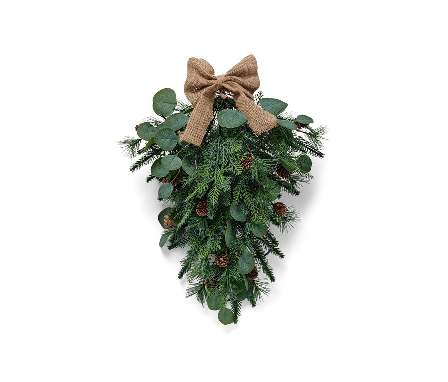 Décoration de porte LED verte avec un nœud marron et des pommes de pin.