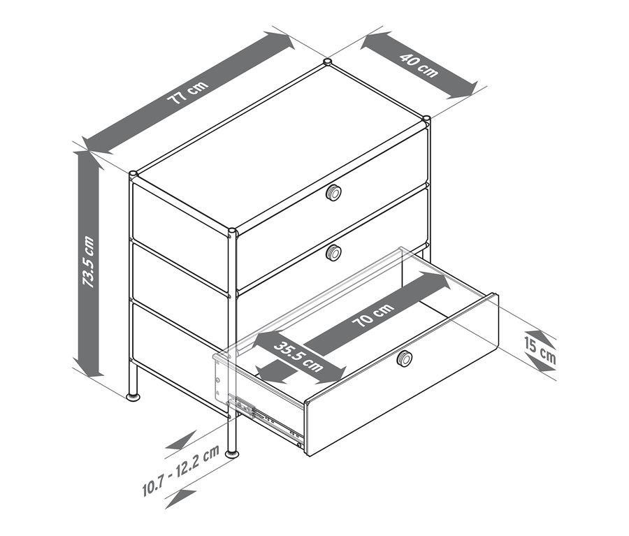 Les dimensions de la commode en métal « CN3 » à trois tiroirs sont de 73,5 x 77 x 40 cm, la profondeur du tiroir ouvert est de 15 cm.