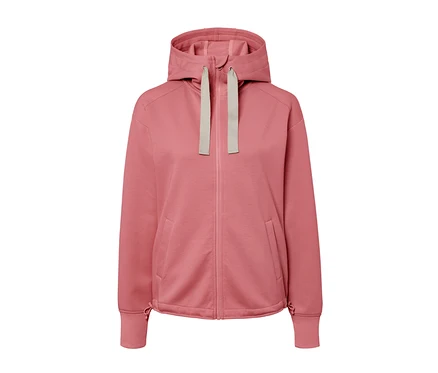 Veste à capuche en sweat rose avec fermeture éclair et cordon de serrage.