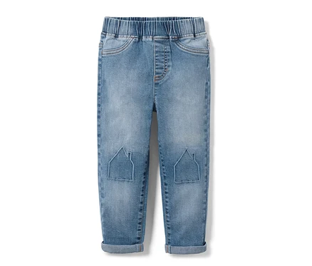 Denim élastique pour tout-petit, avec broderie motif petits maisons.