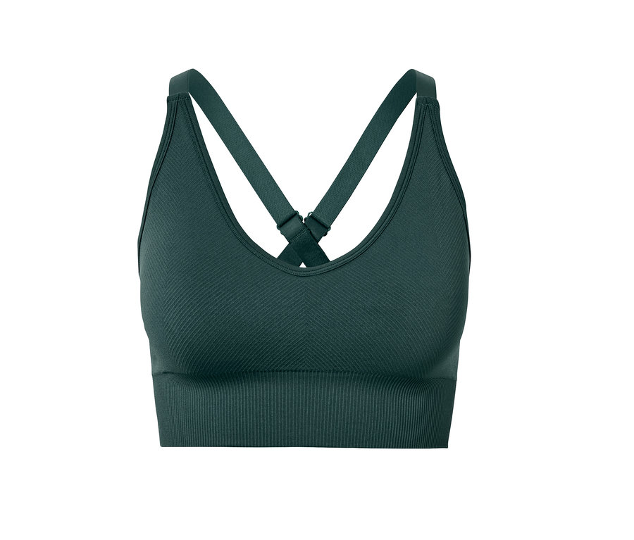 Brassière de sport Seamless vert foncé avec bretelles croisées.
