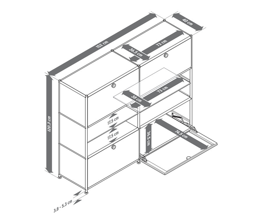 Schéma d'une commode en métal « CN3 » à 4 abattants.