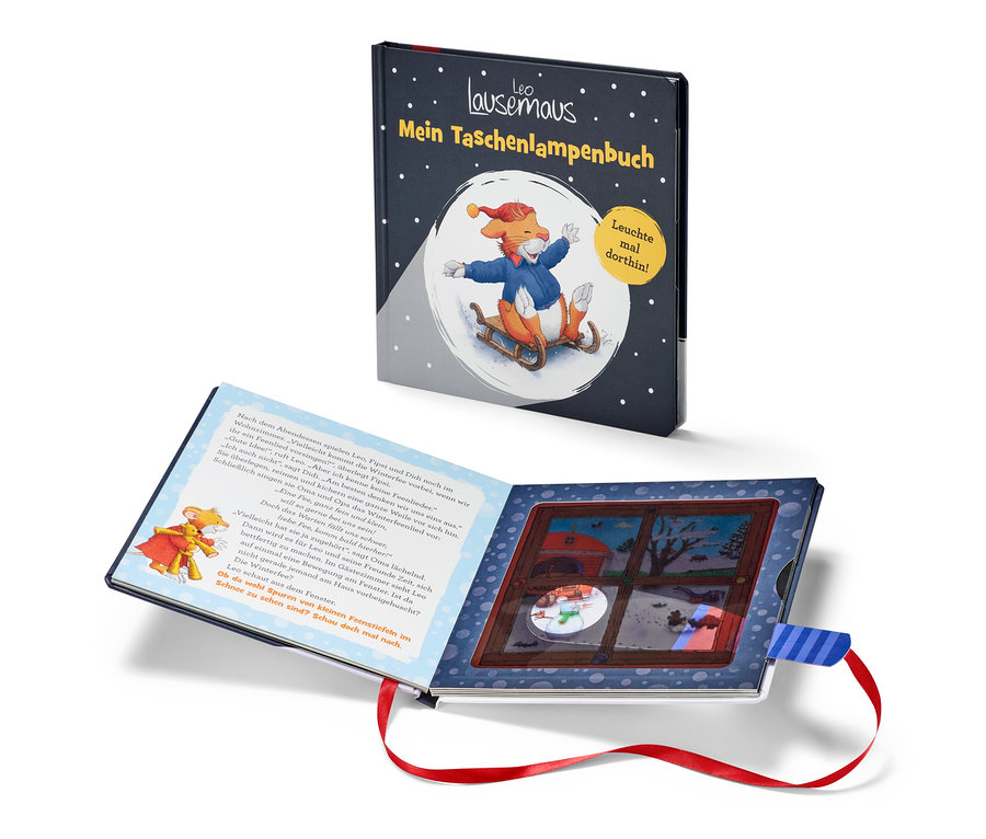 Le livre pour enfants «	Leo Lausemaus – mon livre de poche à lampe de poche	» est ouvert et montre des illustrations.