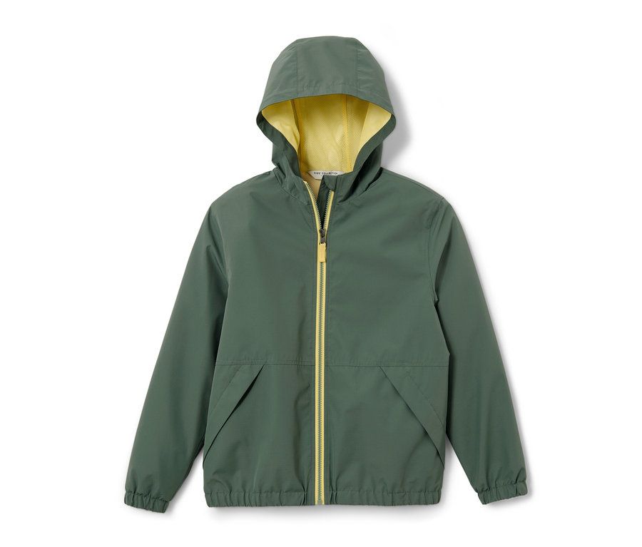 Veste fonctionnelle de sport pour enfant verte avec fermeture éclair jaune et capuche.