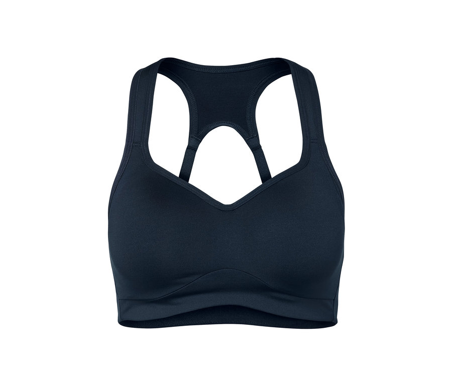 Soutien-gorge de sport bleu marine sur fond blanc.