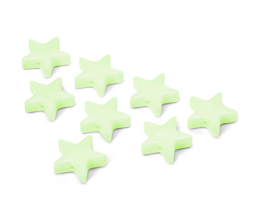 Huit clips de marquage en forme d'étoile brillant dans l'obscurité sur un fond blanc.