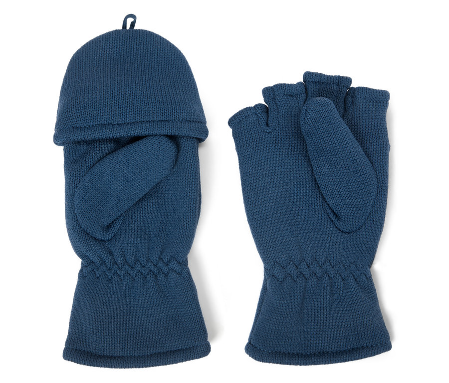 Deux gants mitaines bleus tricotés avec une partie supérieure rabattable sur fond blanc.