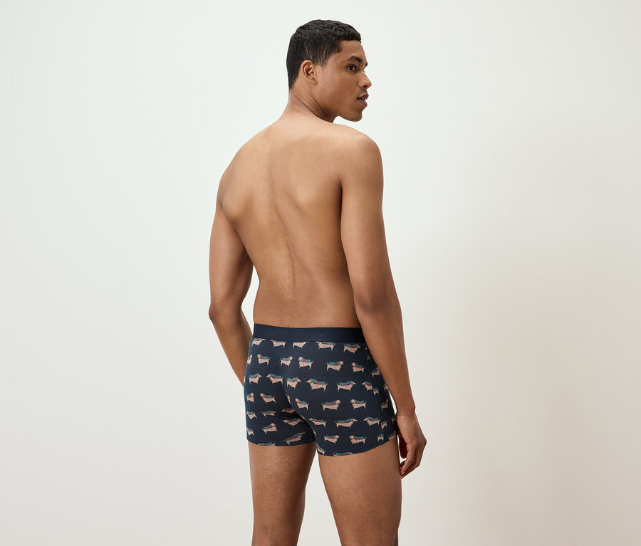 Un homme dos à la caméra porte un boxer avec un imprimé teckel.