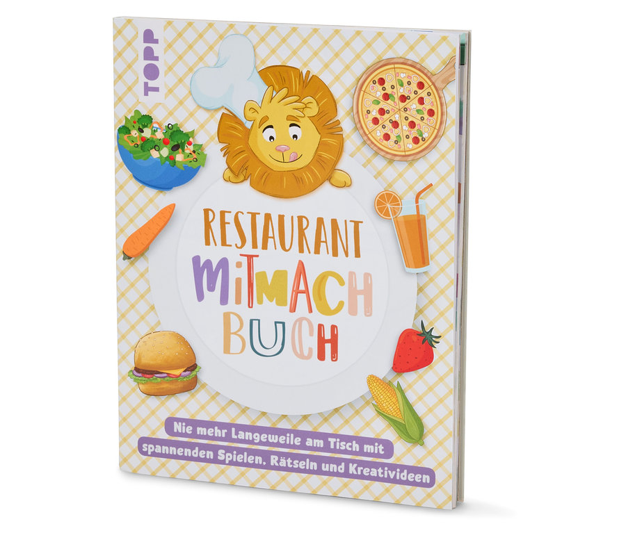 Livre de cuisine avec des illustrations d'aliments, y compris un lion coiffé d'une toque de cuisinier, une pizza et un hamburger.