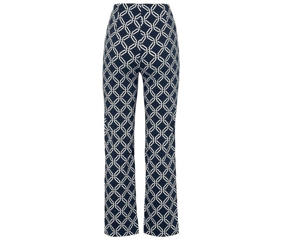 Un pantalon avec un motif géométrique bleu et blanc.