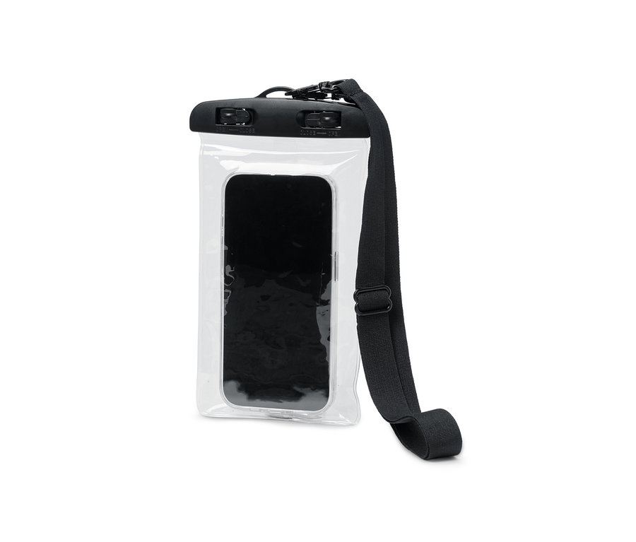 Une housse imperméable pour smartphone avec un téléphone noir à l'intérieur et une lanière noire.
