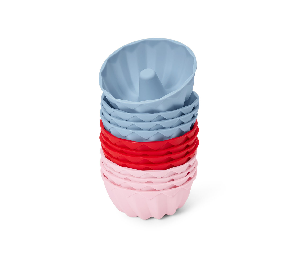 Pile de 12 mini-moules à kouglof roses, rouges et bleus.