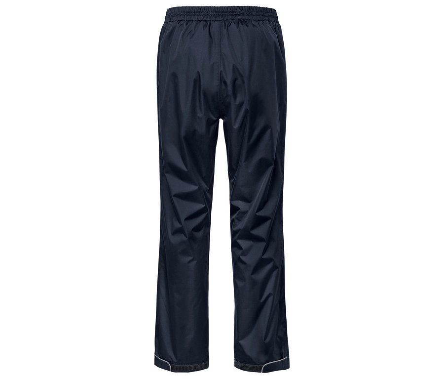 Pantalon imperméable bleu marine avec taille élastique et détails réfléchissants au bas des jambes.