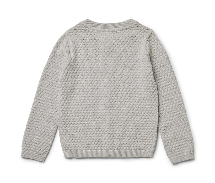 Veste en maille grise pour bébé avec des manches longues.