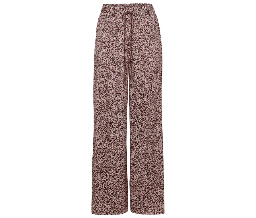 Pantalon beige et marron à motifs avec cordon de serrage à la taille.