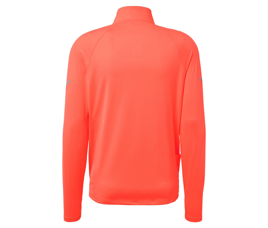 Vue arrière d'un maillot de sport corail à manches longues et fermeture éclair.