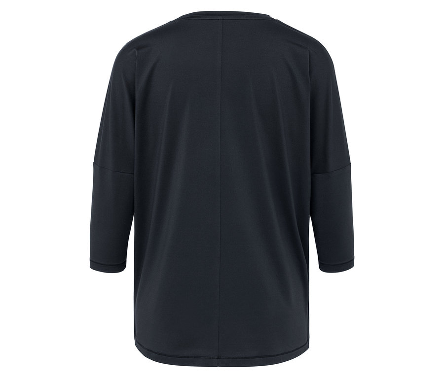 Vue détaillée de l'arrière d'un t-shirt bleu foncé à manches trois-quarts.