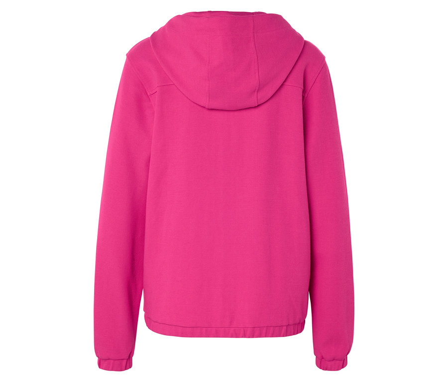 Vue arrière d'un sweat à capuche rose.