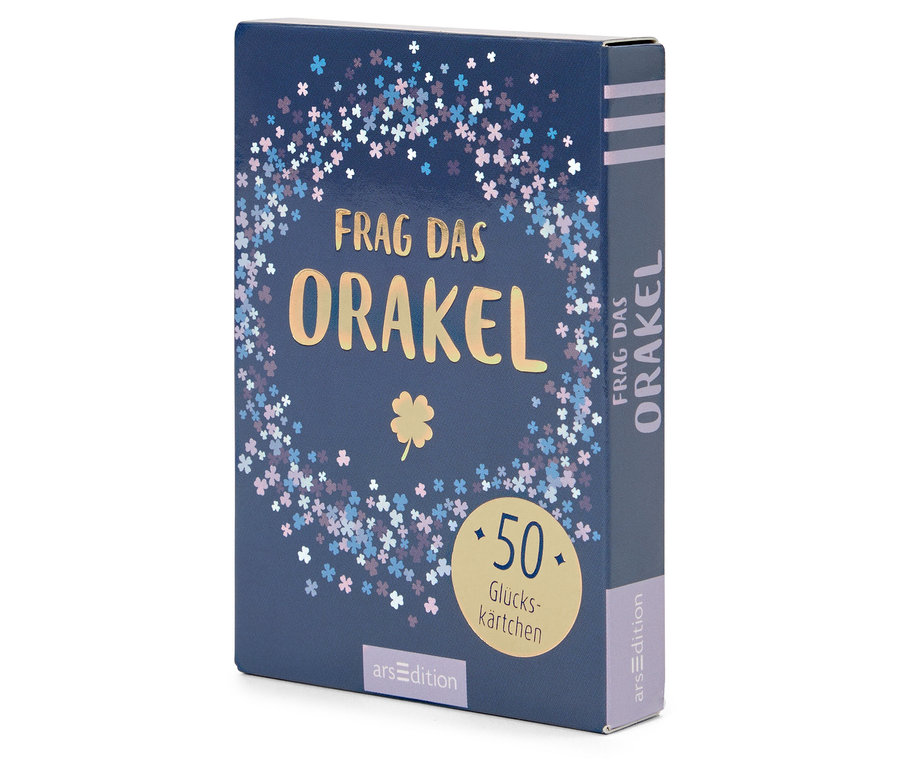 Un paquet de jeu de cartes bleu intitulé "Frag Das Orakel" avec un symbole de trèfle à quatre feuilles.
