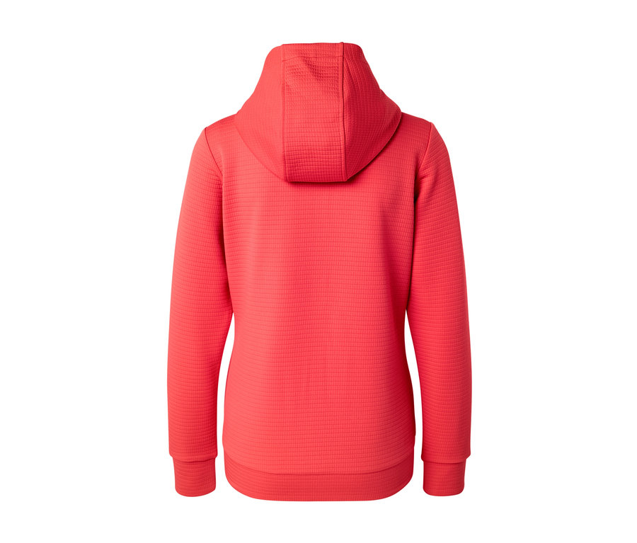 Vue arrière d'une veste à capuche rouge.