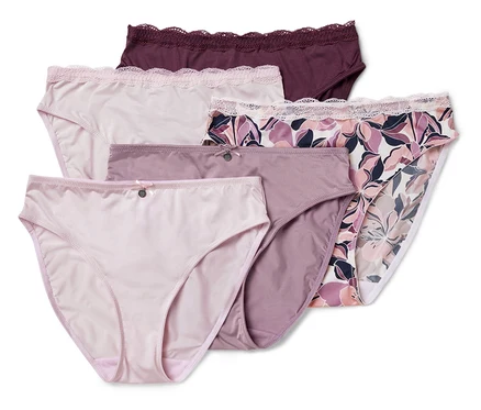 Un ensemble de cinq culottes pour femmes de différentes couleurs et motifs avec bordure en dentelle.