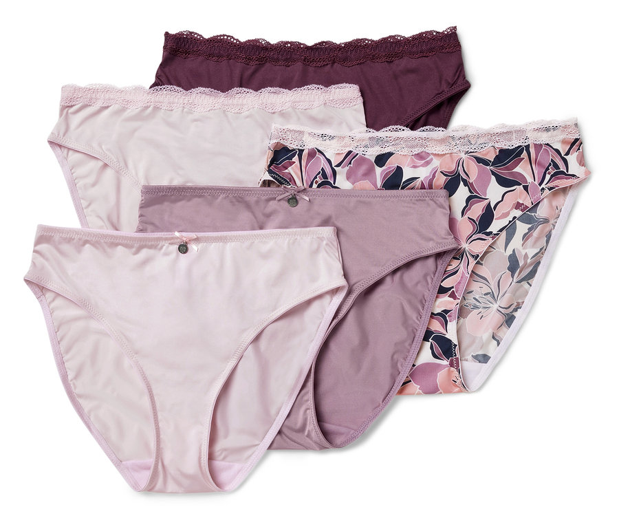 Un ensemble de cinq culottes pour femmes de différentes couleurs et motifs avec bordure en dentelle.