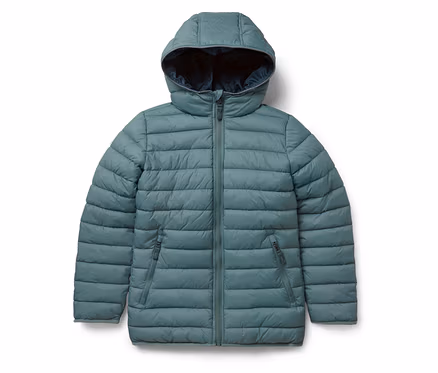 Veste 2-en-1 softshell et matelassée bleu-vert pour enfant avec capuche et fermeture éclair.