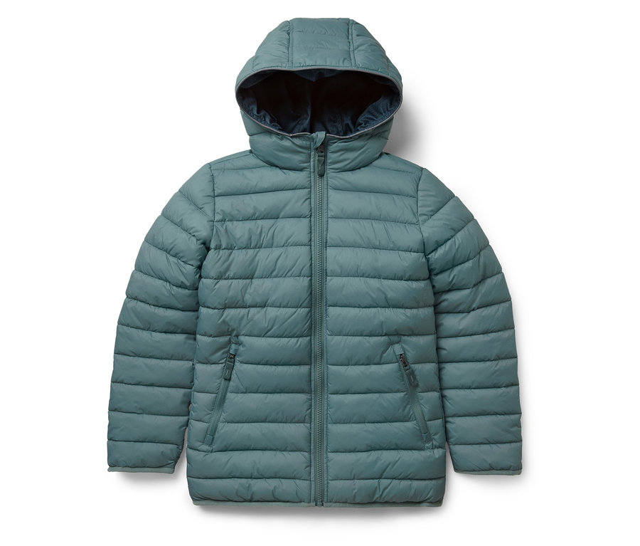 Veste 2-en-1 softshell et matelassée bleu-vert pour enfant avec capuche et fermeture éclair.