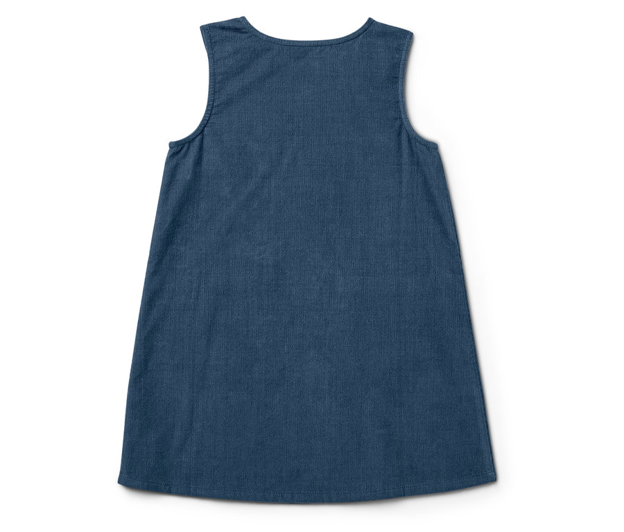 Une robe bleue sans manches sur un fond blanc.
